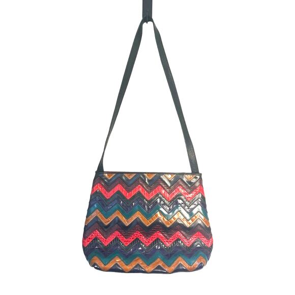 Vintage 80s Medium Sharif Chevron Leather Zigzag Shoulder Bag Reptile Embossed - Picture 1 of 7